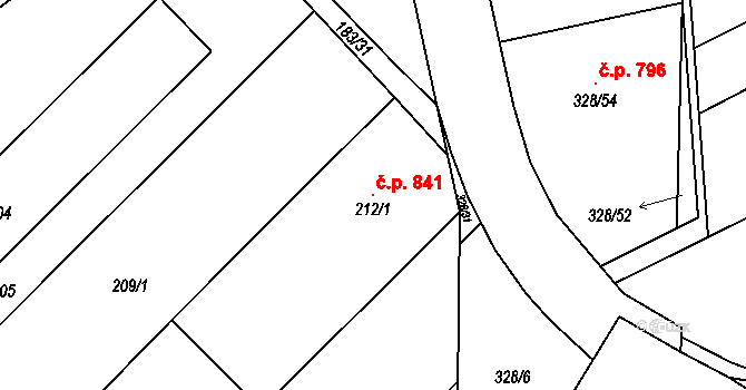 Šardice 841 na parcele st. 212/1 v KÚ Šardice, Katastrální mapa