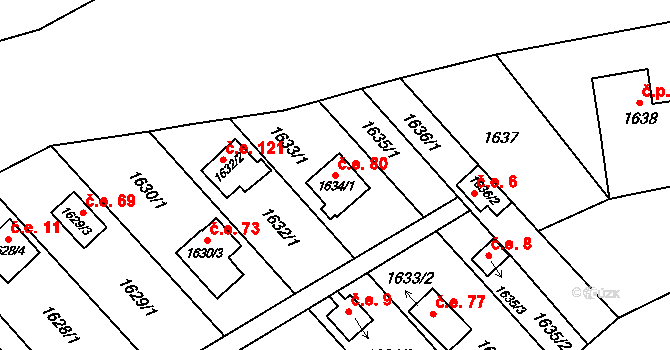 Opočno 80 na parcele st. 1634/1 v KÚ Opočno pod Orlickými horami, Katastrální mapa