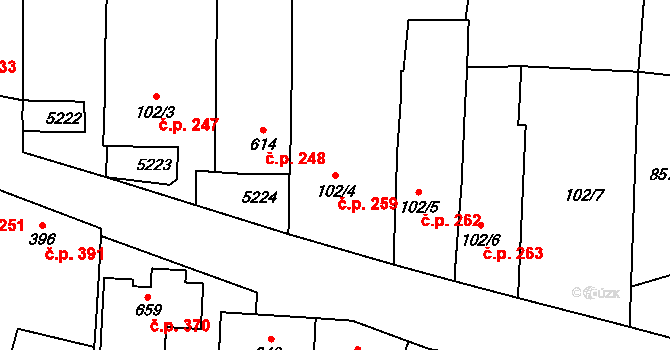 Vlasatice 259 na parcele st. 102/4 v KÚ Vlasatice, Katastrální mapa