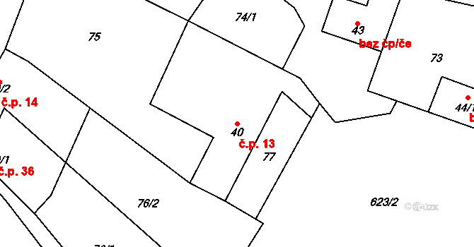 Lazníky 13 na parcele st. 40 v KÚ Lazníky, Katastrální mapa