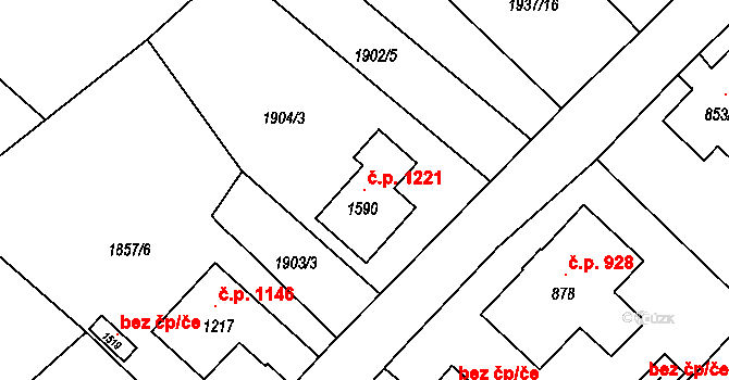 Krásná Lípa 1221 na parcele st. 1590 v KÚ Krásná Lípa, Katastrální mapa