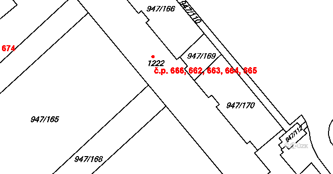 Dědice 662,663,664,665,666, Vyškov na parcele st. 1222 v KÚ Dědice u Vyškova, Katastrální mapa