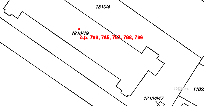 Kosmonosy 765,766,767,768,769 na parcele st. 1810/19 v KÚ Kosmonosy, Katastrální mapa