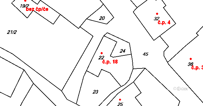 Dědinka 18, Troubelice na parcele st. 22 v KÚ Dědinka, Katastrální mapa