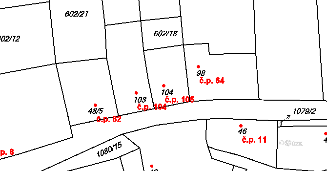 Hluboš 105 na parcele st. 104 v KÚ Hluboš, Katastrální mapa