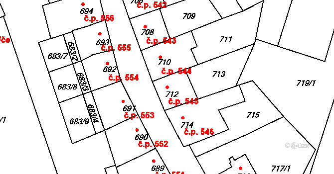 Roudnice nad Labem 545 na parcele st. 712 v KÚ Roudnice nad Labem, Katastrální mapa