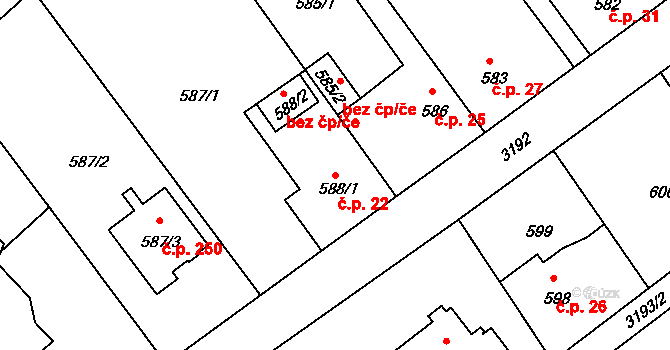 Strkov 22, Planá nad Lužnicí na parcele st. 588/1 v KÚ Planá nad Lužnicí, Katastrální mapa