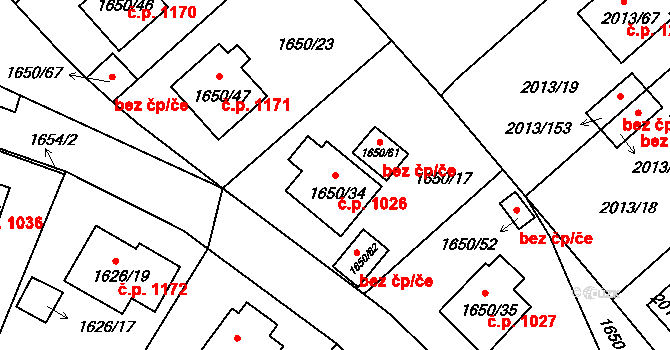 Pelhřimov 1026 na parcele st. 1650/34 v KÚ Pelhřimov, Katastrální mapa