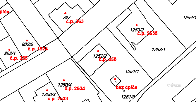 Frýdek 450, Frýdek-Místek na parcele st. 1251/2 v KÚ Frýdek, Katastrální mapa