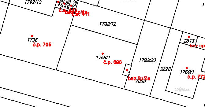 Cheb 680 na parcele st. 1758/1 v KÚ Cheb, Katastrální mapa