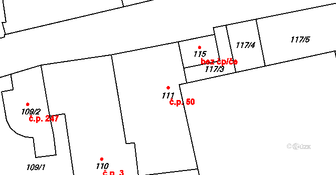 Šeberov 50, Praha na parcele st. 111 v KÚ Šeberov, Katastrální mapa