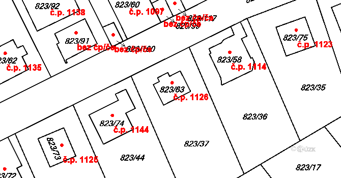 Radotín 1126, Praha na parcele st. 823/63 v KÚ Radotín, Katastrální mapa