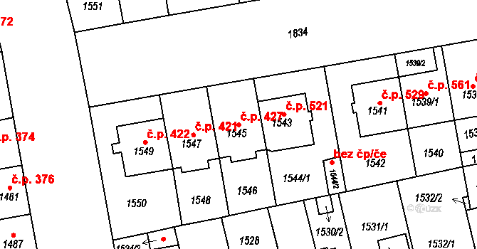 Kobylisy 427, Praha na parcele st. 1545 v KÚ Kobylisy, Katastrální mapa