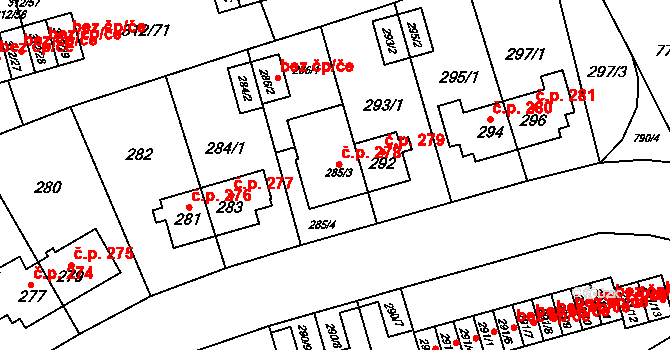 Letňany 278, Praha na parcele st. 285/3 v KÚ Letňany, Katastrální mapa