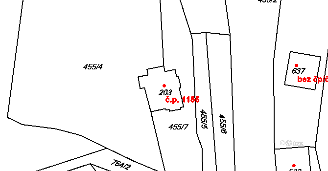 Předklášteří 1155 na parcele st. 203 v KÚ Předklášteří, Katastrální mapa