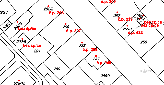 Doubravka 204, Plzeň na parcele st. 288 v KÚ Doubravka, Katastrální mapa