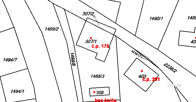 Borotín 176 na parcele st. 307/1 v KÚ Borotín u Tábora, Katastrální mapa