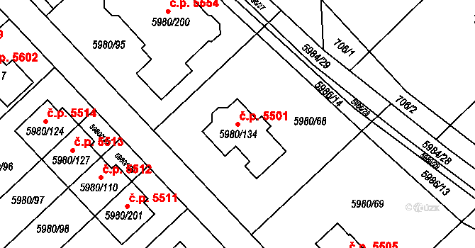 Chomutov 5501 na parcele st. 5980/134 v KÚ Chomutov I, Katastrální mapa