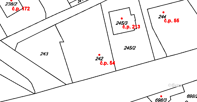 Hněvošice 54 na parcele st. 242 v KÚ Hněvošice, Katastrální mapa