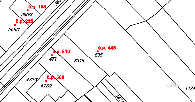Ostrožské Předměstí 445, Uherský Ostroh na parcele st. 635 v KÚ Ostrožské Předměstí, Katastrální mapa
