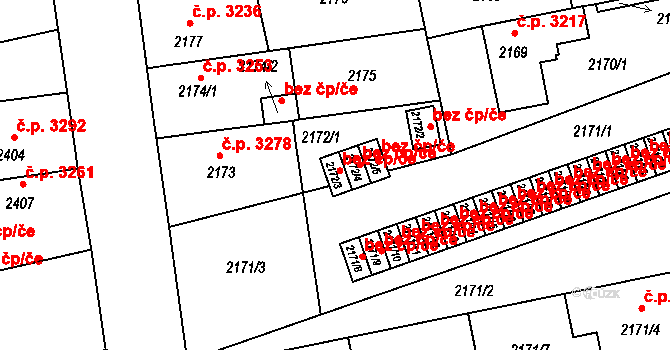Chomutov 2019 na parcele st. 2172/3 v KÚ Chomutov II, Katastrální mapa