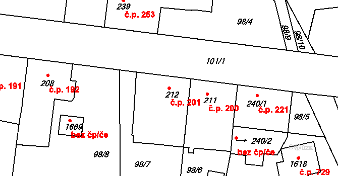 Rosice 201, Pardubice na parcele st. 212 v KÚ Rosice nad Labem, Katastrální mapa