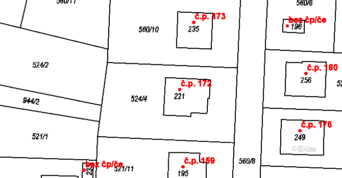 Vlčovice 172, Kopřivnice na parcele st. 221 v KÚ Vlčovice, Katastrální mapa