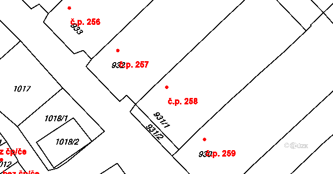 Drnholec 258 na parcele st. 931/1 v KÚ Drnholec, Katastrální mapa
