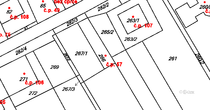 Bílany 57, Kroměříž na parcele st. 266 v KÚ Bílany, Katastrální mapa