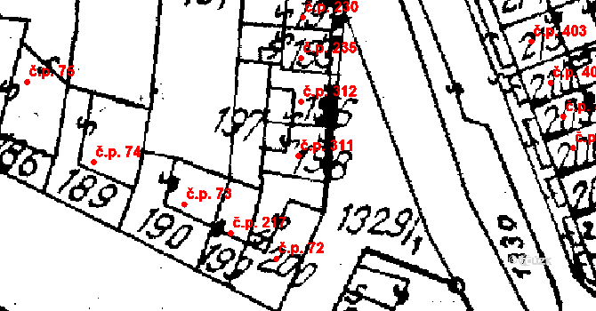 Kostelec na Hané 311 na parcele st. 198 v KÚ Kostelec na Hané, Katastrální mapa