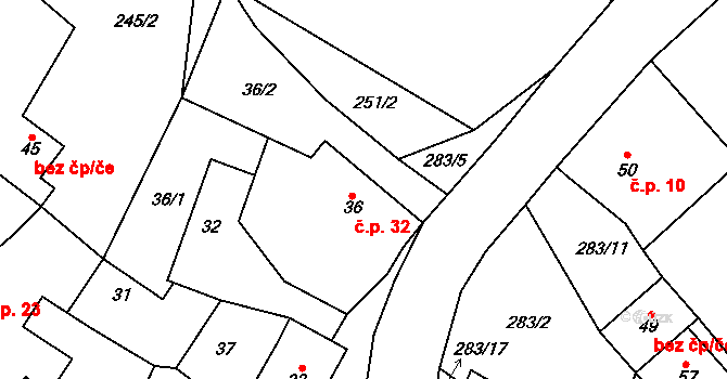 Damírov 32, Zbýšov na parcele st. 36 v KÚ Damírov, Katastrální mapa