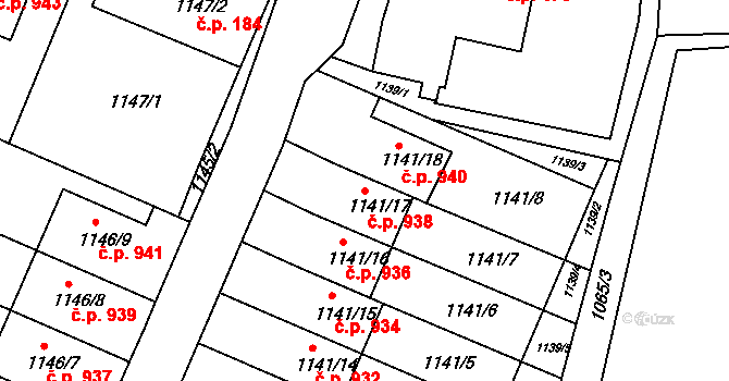 Lyžbice 938, Třinec na parcele st. 1141/17 v KÚ Lyžbice, Katastrální mapa