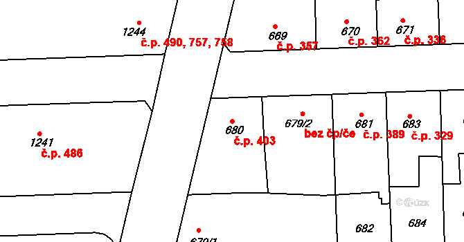 Švermov 403, Kladno na parcele st. 680 v KÚ Motyčín, Katastrální mapa