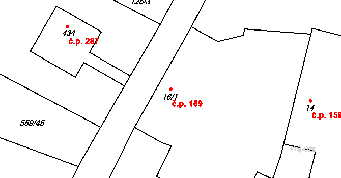 Černožice 159 na parcele st. 16/1 v KÚ Černožice nad Labem, Katastrální mapa