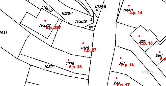 Mimoň IV 27, Mimoň na parcele st. 1028 v KÚ Mimoň, Katastrální mapa