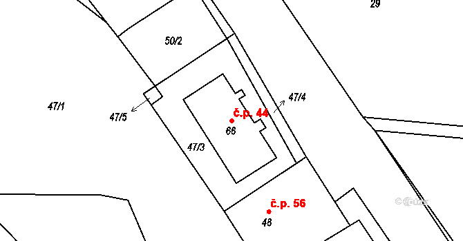 Skočice 44 na parcele st. 66 v KÚ Skočice, Katastrální mapa