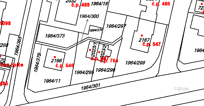 Borovina 764, Třebíč na parcele st. 2023/2 v KÚ Třebíč, Katastrální mapa