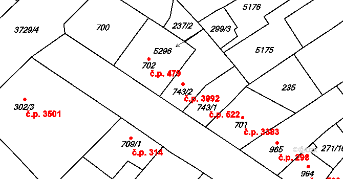 Břeclav 3092 na parcele st. 743/2 v KÚ Břeclav, Katastrální mapa
