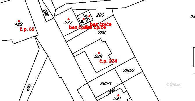 Chvaleč 224 na parcele st. 288 v KÚ Chvaleč, Katastrální mapa