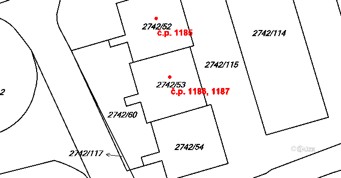 Hostivař 1186,1187, Praha na parcele st. 2742/53 v KÚ Hostivař, Katastrální mapa