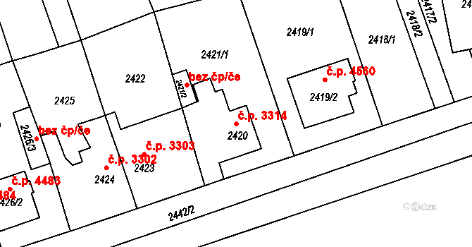 Chomutov 3314 na parcele st. 2420 v KÚ Chomutov II, Katastrální mapa