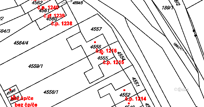 Jirkov 1215 na parcele st. 4555 v KÚ Jirkov, Katastrální mapa