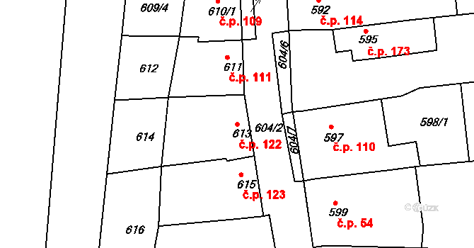 Horákov 122, Mokrá-Horákov na parcele st. 613 v KÚ Horákov, Katastrální mapa