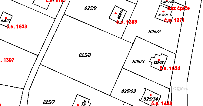 Radobyčice 1395, Plzeň na parcele st. 825/25 v KÚ Radobyčice, Katastrální mapa