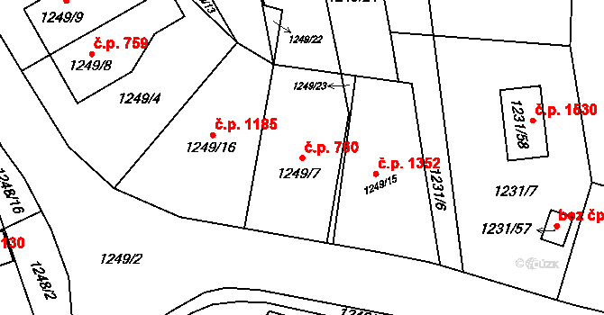 Prostřední Suchá 760, Havířov na parcele st. 1249/7 v KÚ Prostřední Suchá, Katastrální mapa