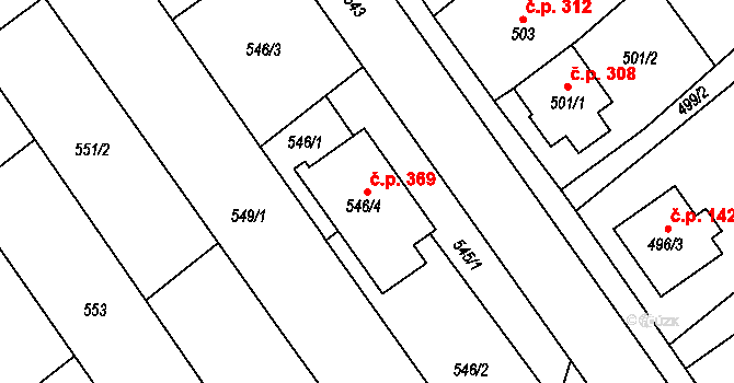 Huštěnovice 369 na parcele st. 546/4 v KÚ Huštěnovice, Katastrální mapa
