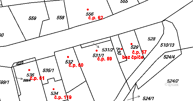Březenec 59, Jirkov na parcele st. 531/1 v KÚ Březenec, Katastrální mapa