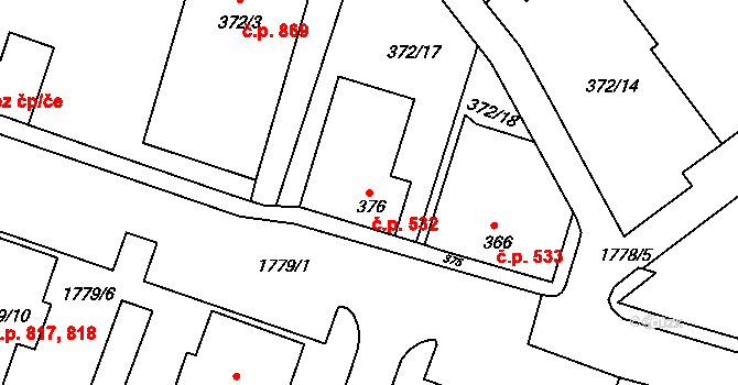 Podbořany 532 na parcele st. 376 v KÚ Podbořany, Katastrální mapa
