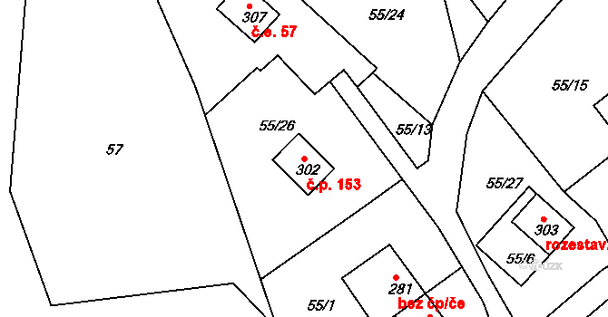 Oznice 153 na parcele st. 302 v KÚ Oznice, Katastrální mapa