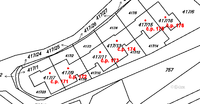 Přední Kopanina 173, Praha na parcele st. 417/11 v KÚ Přední Kopanina, Katastrální mapa
